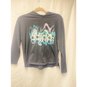 Adidas Womens Loose Fit Hooded Long Sleeve Graphic Shirt Black Aurora Stars L